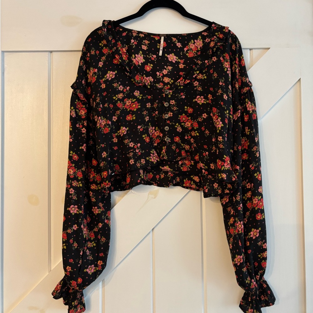 Free People Black Floral Long Sleeve Button Blouse